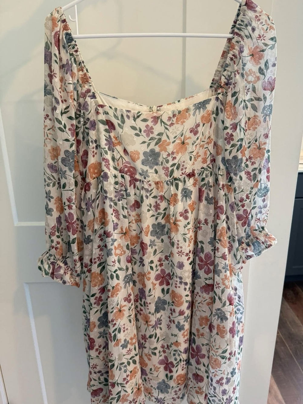 Floral Square-Neck Dress — Cream with Multicolor Floral Print